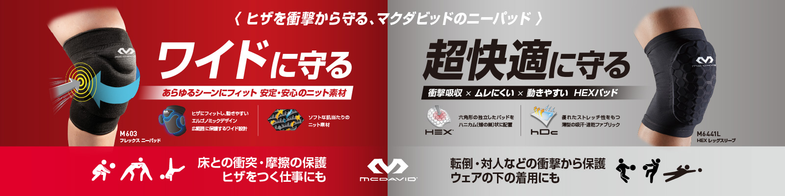 ヒザを衝撃から守る、マクダビッドのニーパッド
